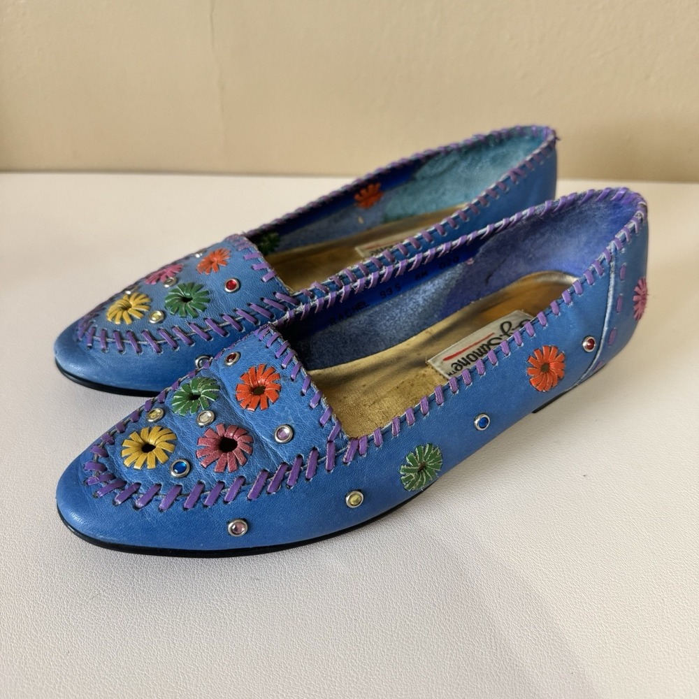 VTG L.J. Simone leather ballet flat slip-on shoes colorful floral Embellish Sz 6